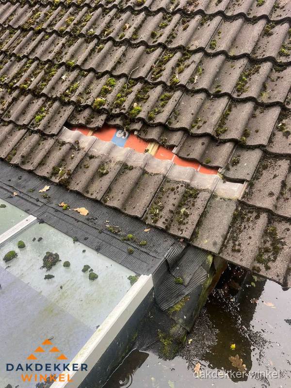 Beschadigd pannendak met ontbrekende dakpannen voor reparatie in Winkel